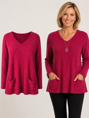 Chico’s Red Textured Knit Sweater | Long Sleeve | V-Neck Pocket Top | Size 1 (M)